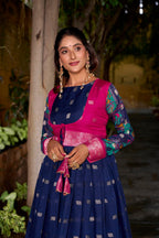 Lorenvalley Fashion Navyblue Poly Cotton Kalamkari Print With Zari Weaving Work Border Gown with Koti | Grocsy