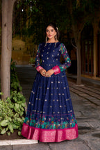 Lorenvalley Fashion Navyblue Poly Cotton Kalamkari Print With Zari Weaving Work Border Gown with Koti | Grocsy
