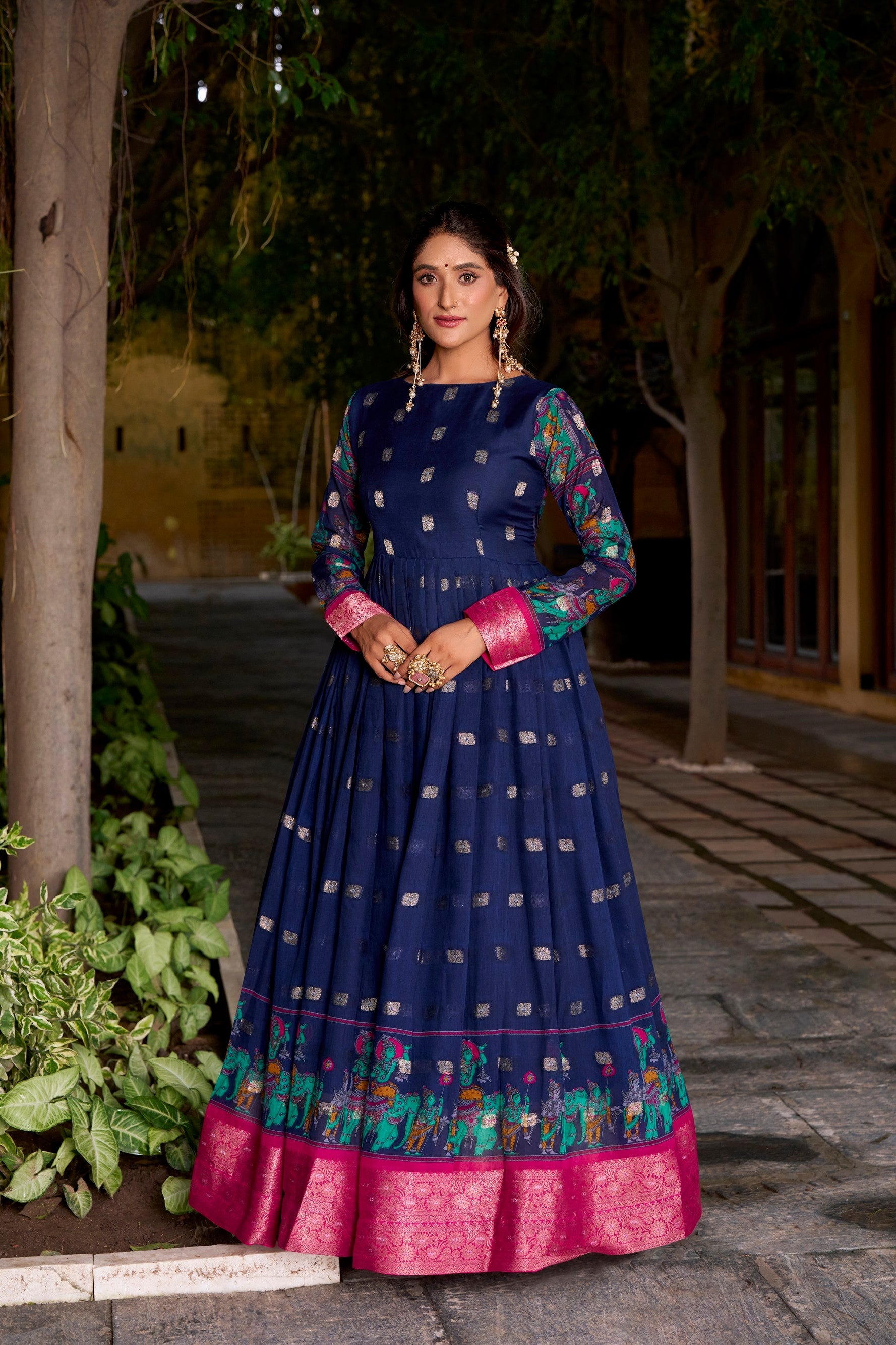 Lorenvalley Fashion Navyblue Poly Cotton Kalamkari Print With Zari Weaving Work Border Gown with Koti | Grocsy