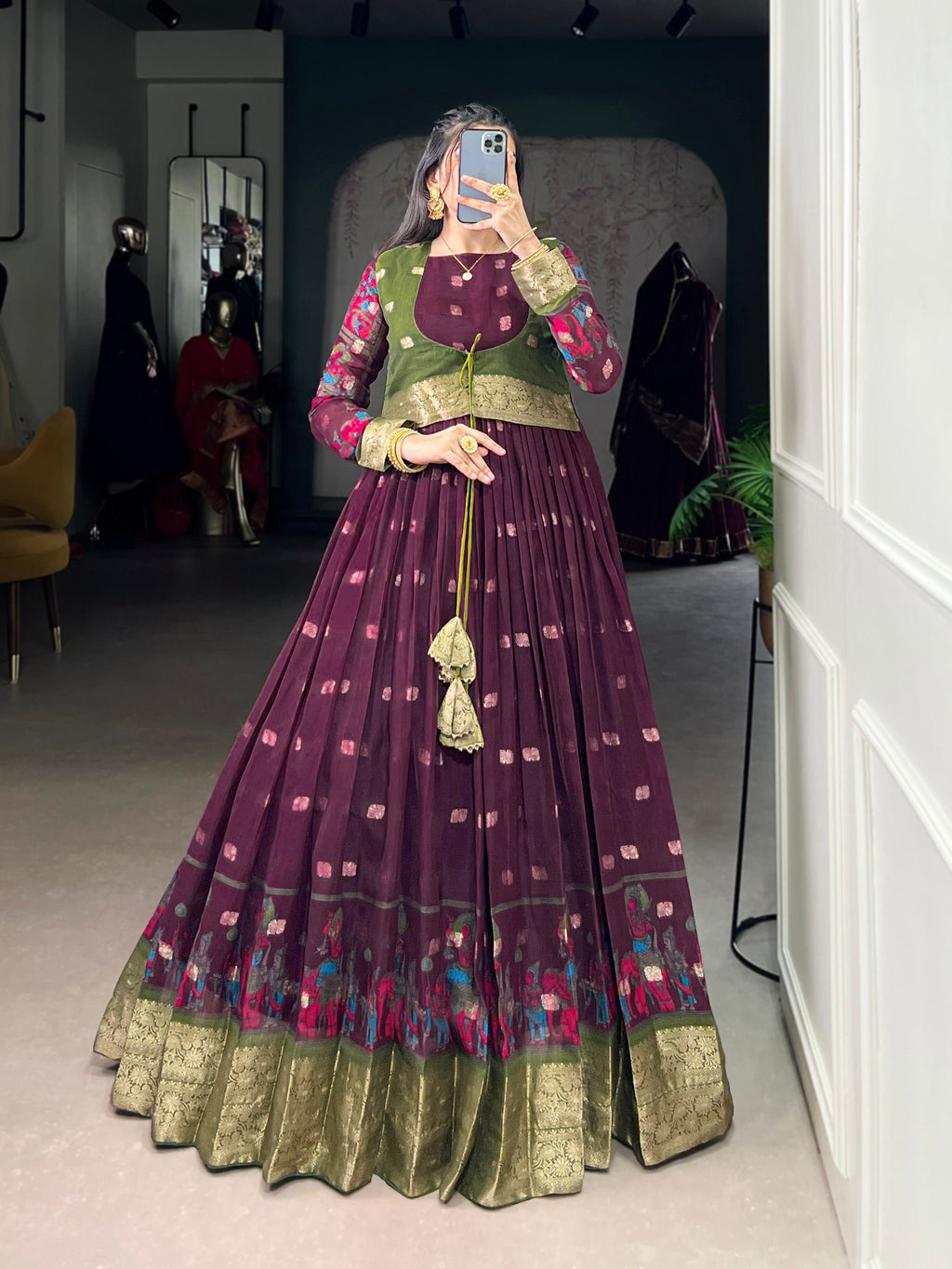 Lorenvalley Fashion Wine Poly Cotton Kalamkari Print With Zari Weaving Work Border Gown with Koti | Grocsy