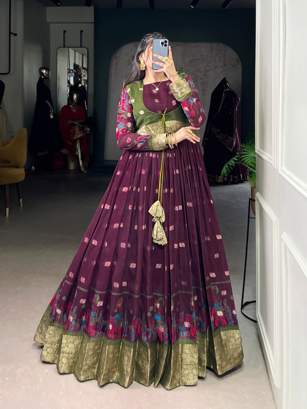 Lorenvalley Fashion Wine Poly Cotton Kalamkari Print With Zari Weaving Work Border Gown with Koti | Grocsy