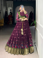 Lorenvalley Fashion Wine Poly Cotton Kalamkari Print With Zari Weaving Work Border Gown with Koti | Grocsy