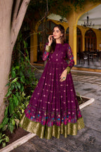 Lorenvalley Fashion Wine Poly Cotton Kalamkari Print With Zari Weaving Work Border Gown with Koti | Grocsy