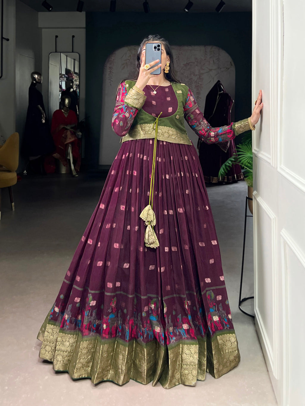 Lorenvalley Fashion Wine Poly Cotton Kalamkari Print With Zari Weaving Work Border Gown with Koti | Grocsy