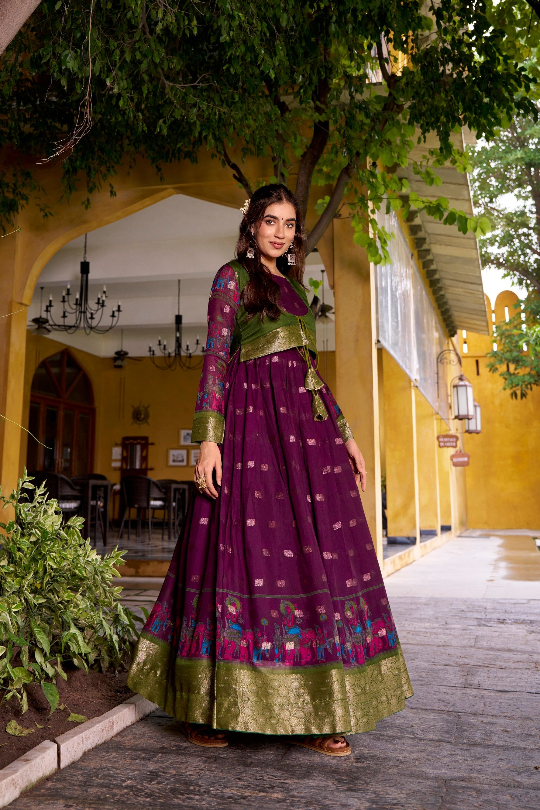 Lorenvalley Fashion Wine Poly Cotton Kalamkari Print With Zari Weaving Work Border Gown with Koti | Grocsy
