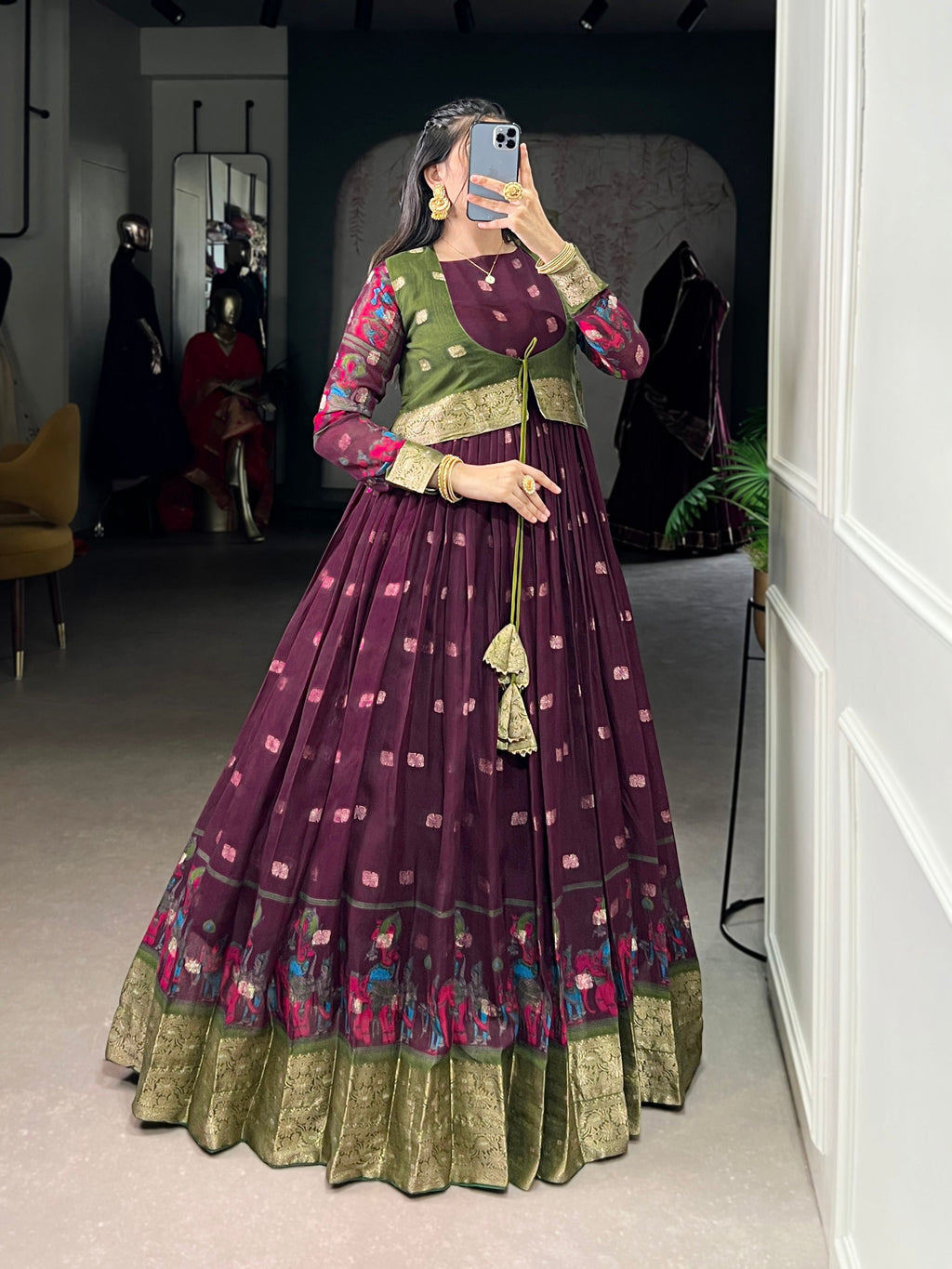 Lorenvalley Fashion Wine Poly Cotton Kalamkari Print With Zari Weaving Work Border Gown with Koti | Grocsy