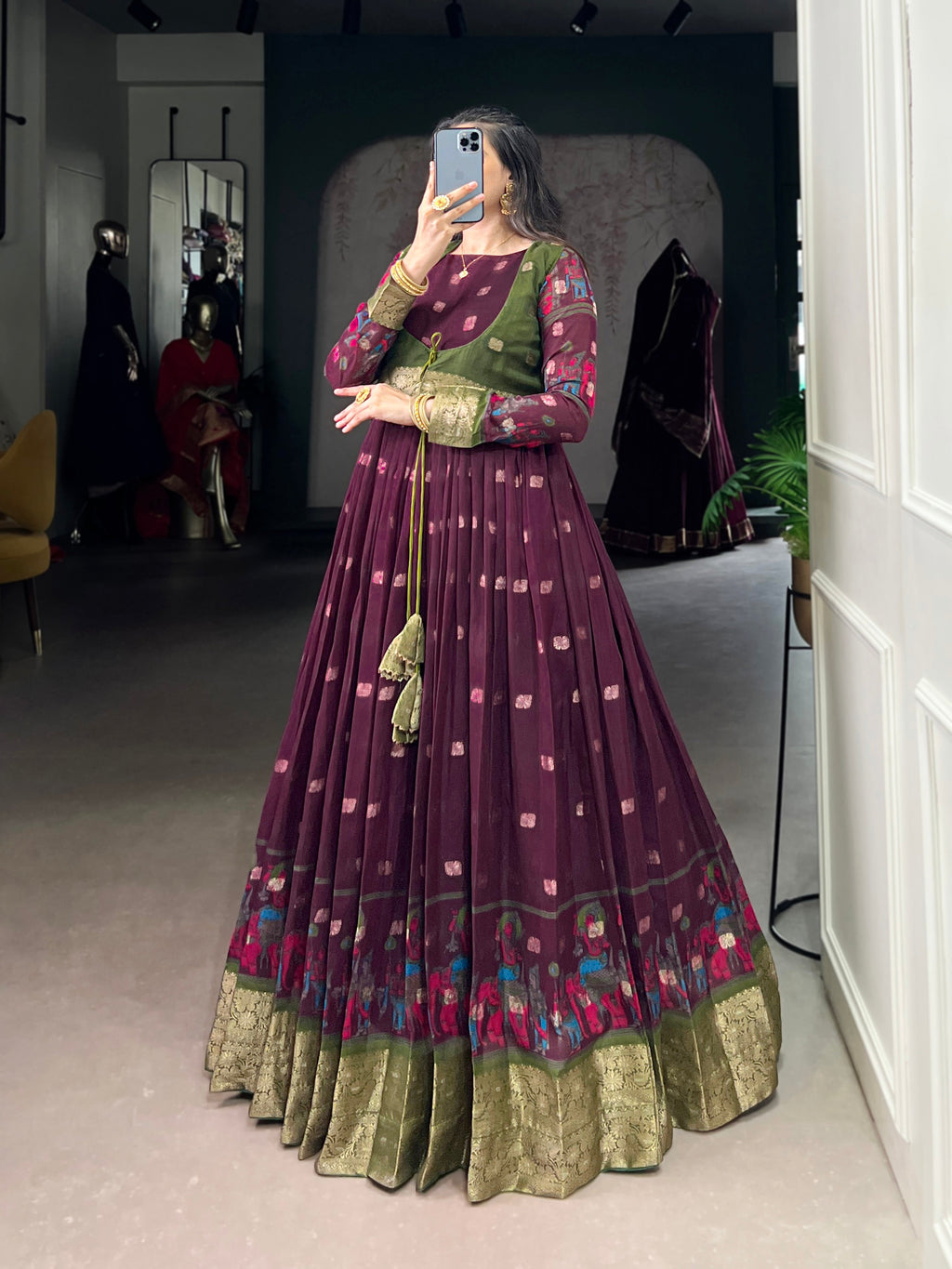 Lorenvalley Fashion Wine Poly Cotton Kalamkari Print With Zari Weaving Work Border Gown with Koti | Grocsy