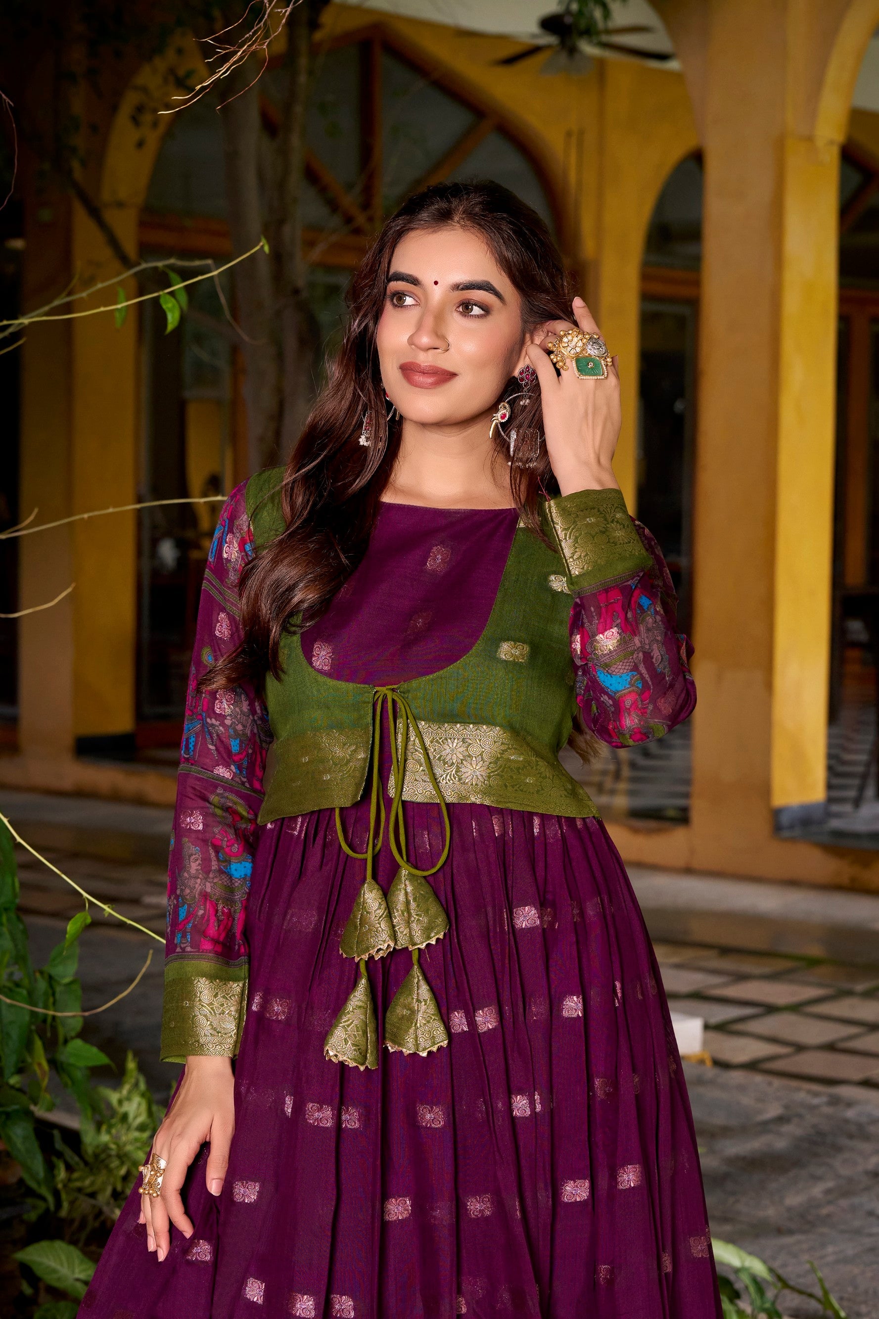 Lorenvalley Fashion Wine Poly Cotton Kalamkari Print With Zari Weaving Work Border Gown with Koti | Grocsy