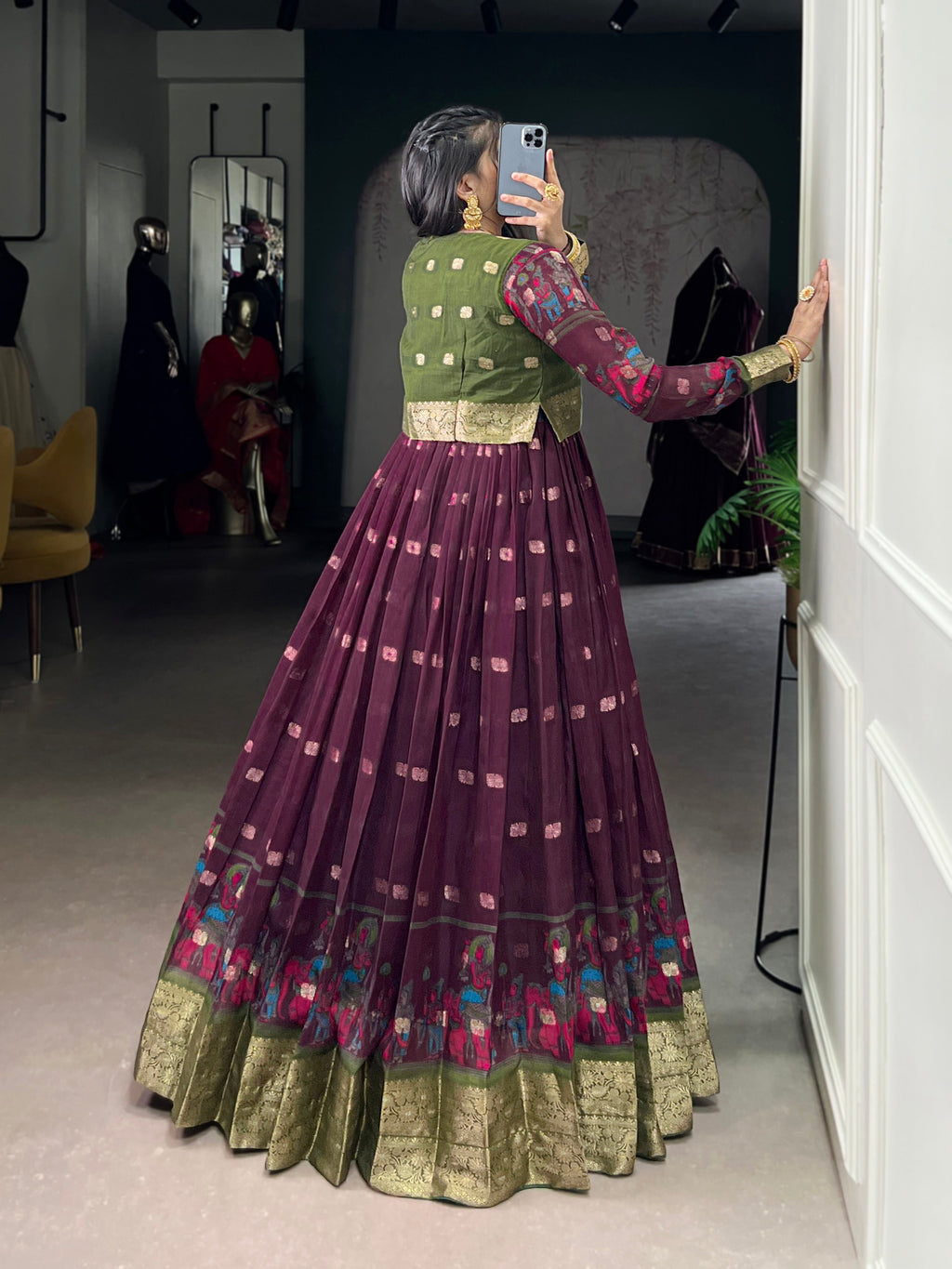 Lorenvalley Fashion Wine Poly Cotton Kalamkari Print With Zari Weaving Work Border Gown with Koti | Grocsy