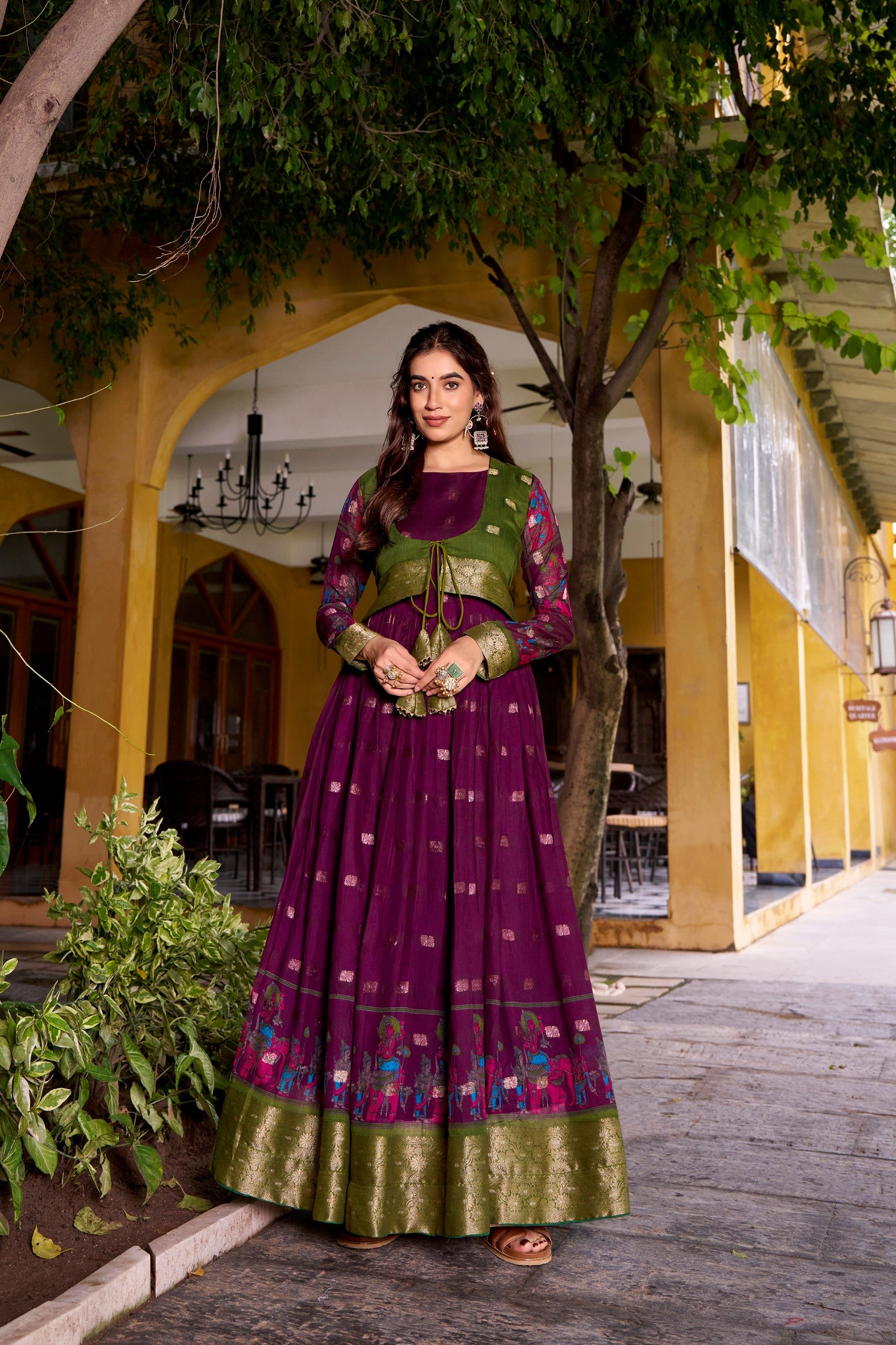 Lorenvalley Fashion Wine Poly Cotton Kalamkari Print With Zari Weaving Work Border Gown with Koti | Grocsy