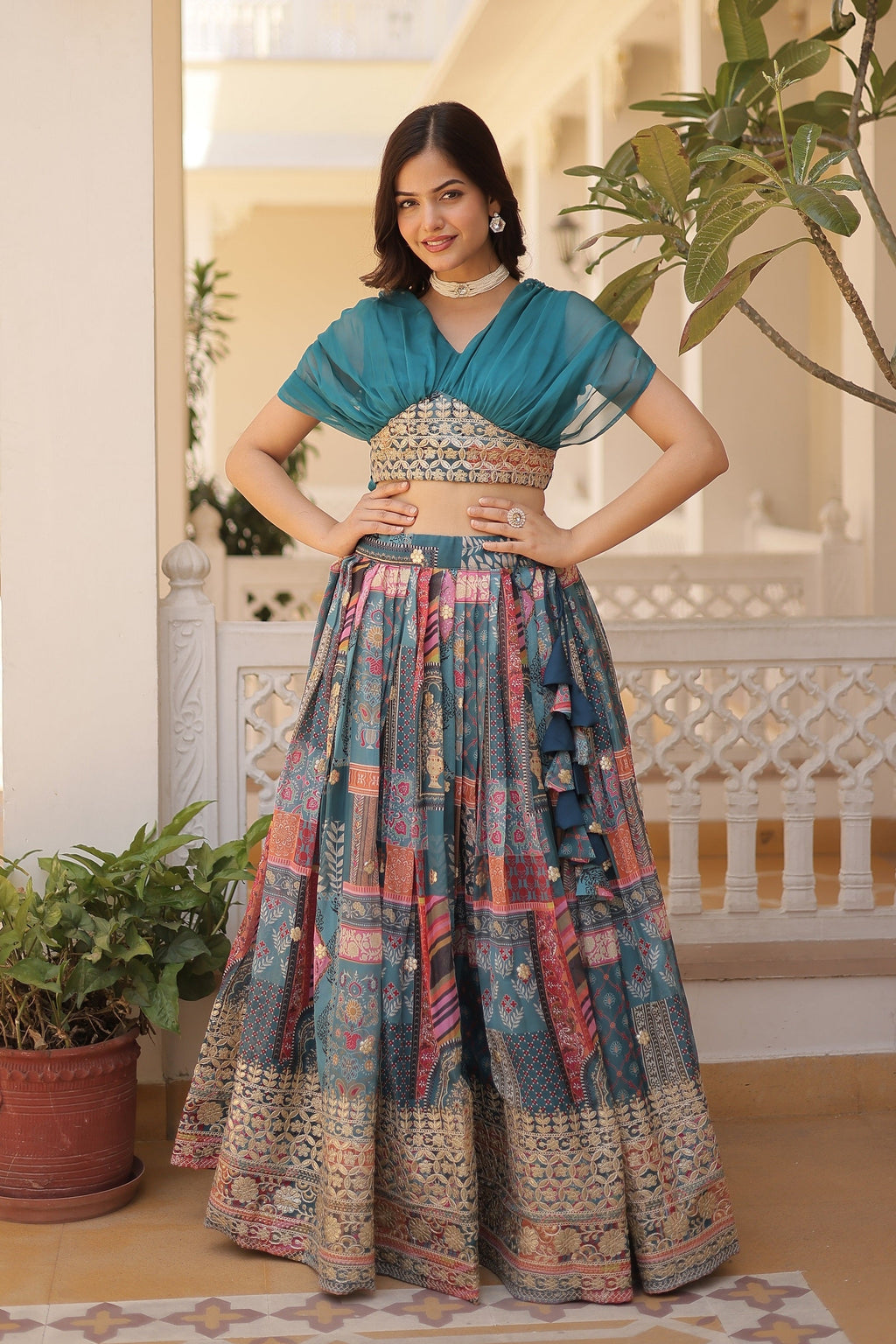 Vedant Vastram Digital Printed With Foil Embroidery Work Russian Silk Lehenga Choli With Blouse - Rama | Grocsy