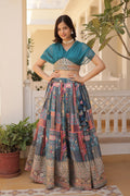 Vedant Vastram Digital Printed With Foil Embroidery Work Russian Silk Lehenga Choli With Blouse - Rama | Grocsy
