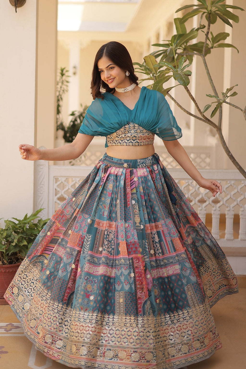 Vedant Vastram Digital Printed With Foil Embroidery Work Russian Silk Lehenga Choli With Blouse - Rama | Grocsy
