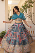 Vedant Vastram Digital Printed With Foil Embroidery Work Russian Silk Lehenga Choli With Blouse - Rama | Grocsy