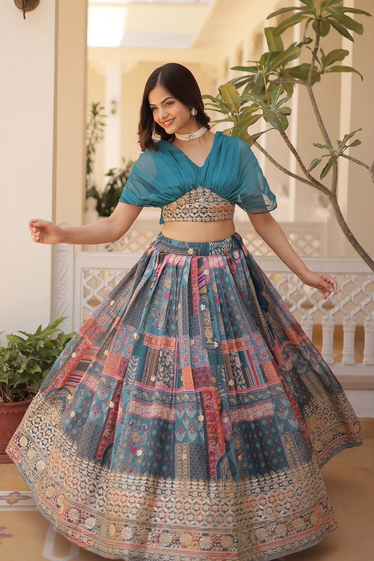 Vedant Vastram Digital Printed With Foil Embroidery Work Russian Silk Lehenga Choli With Blouse - Rama | Grocsy