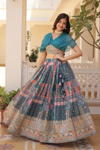 Vedant Vastram Digital Printed With Foil Embroidery Work Russian Silk Lehenga Choli With Blouse - Rama | Grocsy