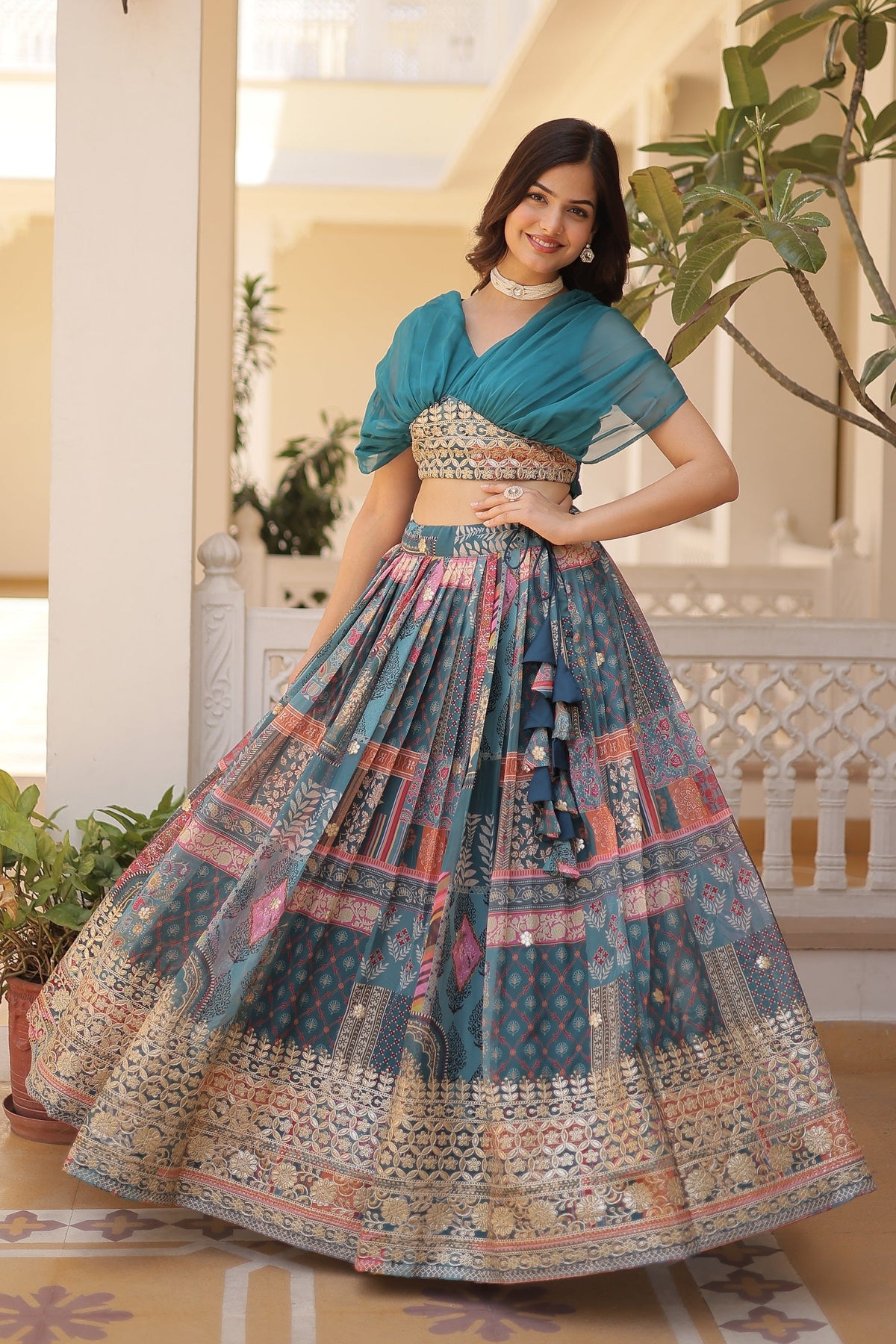 Vedant Vastram Digital Printed With Foil Embroidery Work Russian Silk Lehenga Choli With Blouse - Rama | Grocsy