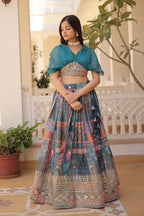 Vedant Vastram Digital Printed With Foil Embroidery Work Russian Silk Lehenga Choli With Blouse - Rama | Grocsy