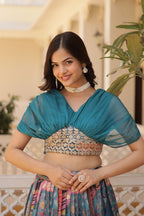 Vedant Vastram Digital Printed With Foil Embroidery Work Russian Silk Lehenga Choli With Blouse - Rama | Grocsy
