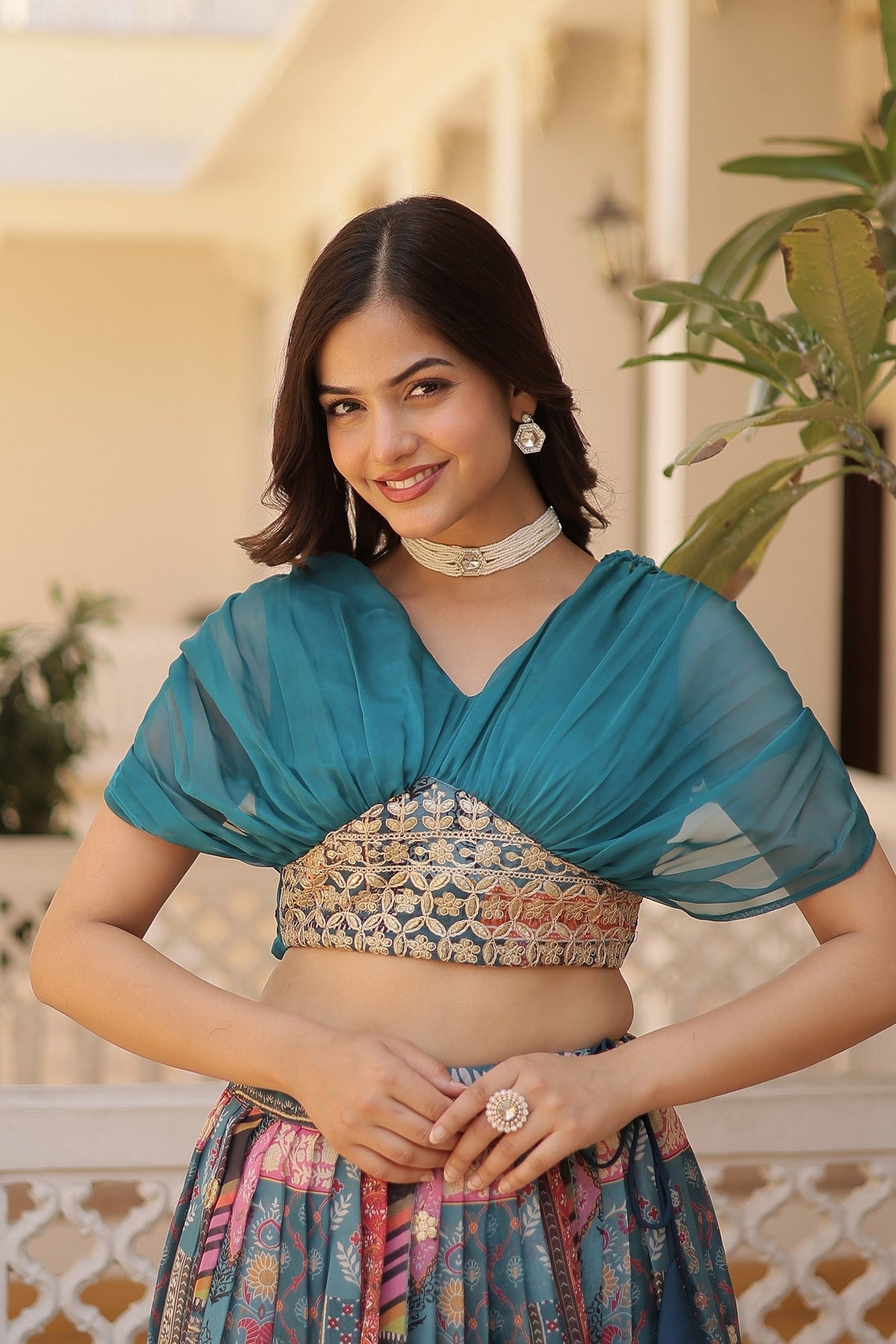 Vedant Vastram Digital Printed With Foil Embroidery Work Russian Silk Lehenga Choli With Blouse - Rama | Grocsy