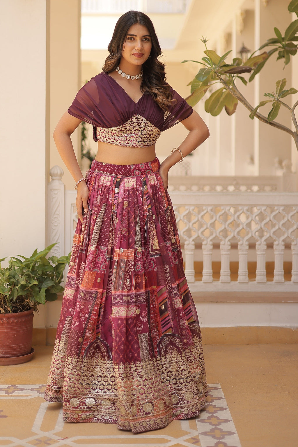 Vedant Vastram Digital Printed With Foil Embroidery Work Russian Silk Lehenga Choli With Blouse - Wine | Grocsy
