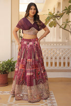 Vedant Vastram Digital Printed With Foil Embroidery Work Russian Silk Lehenga Choli With Blouse - Wine | Grocsy