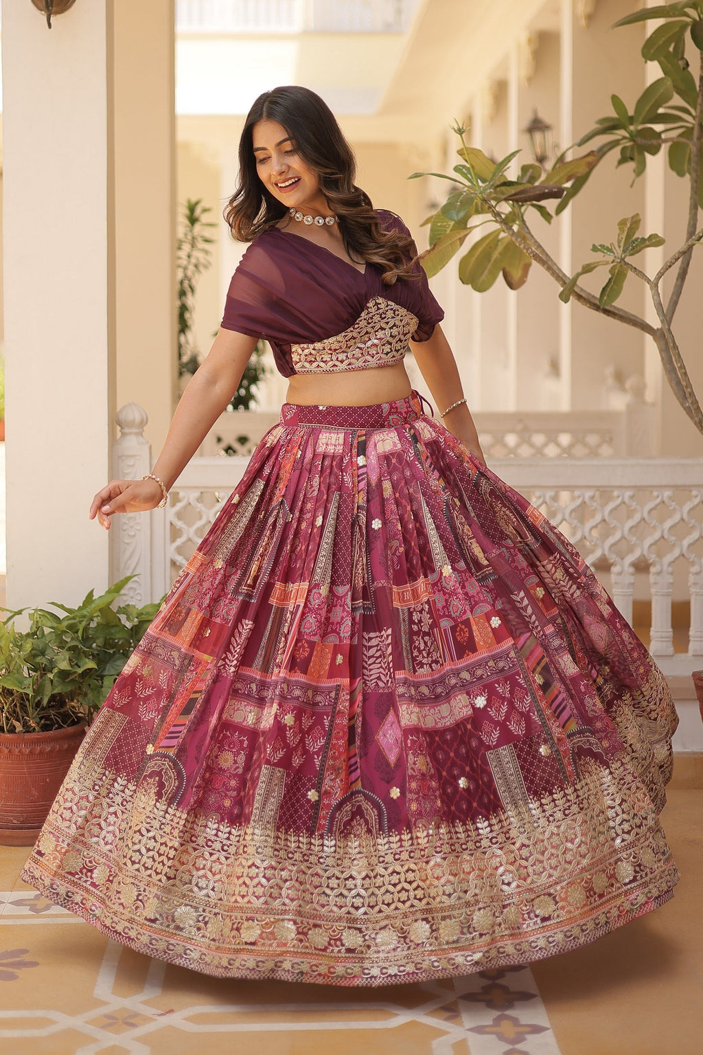Vedant Vastram Digital Printed With Foil Embroidery Work Russian Silk Lehenga Choli With Blouse - Wine | Grocsy