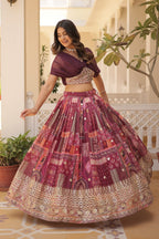 Vedant Vastram Digital Printed With Foil Embroidery Work Russian Silk Lehenga Choli With Blouse - Wine | Grocsy