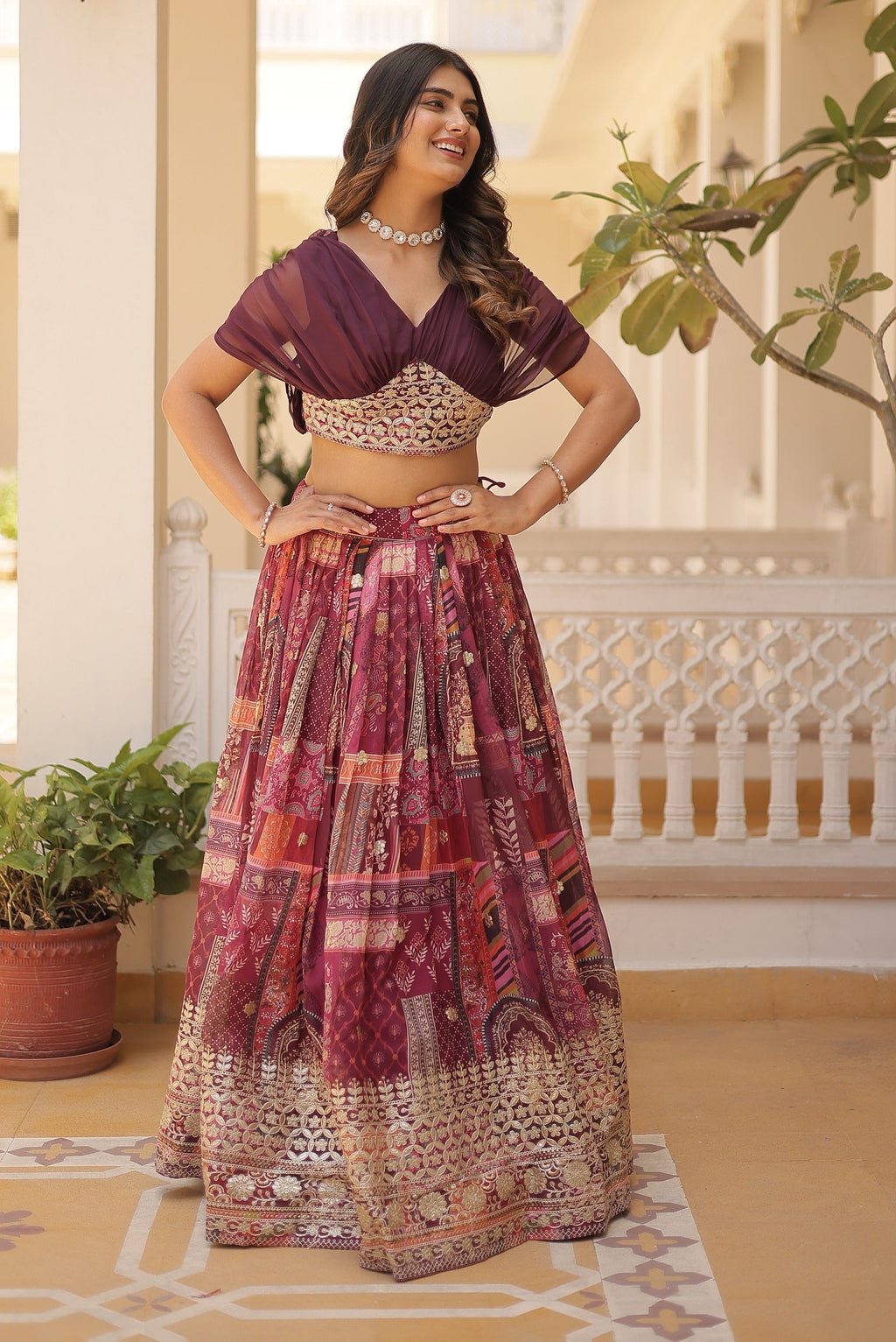 Vedant Vastram Digital Printed With Foil Embroidery Work Russian Silk Lehenga Choli With Blouse - Wine | Grocsy