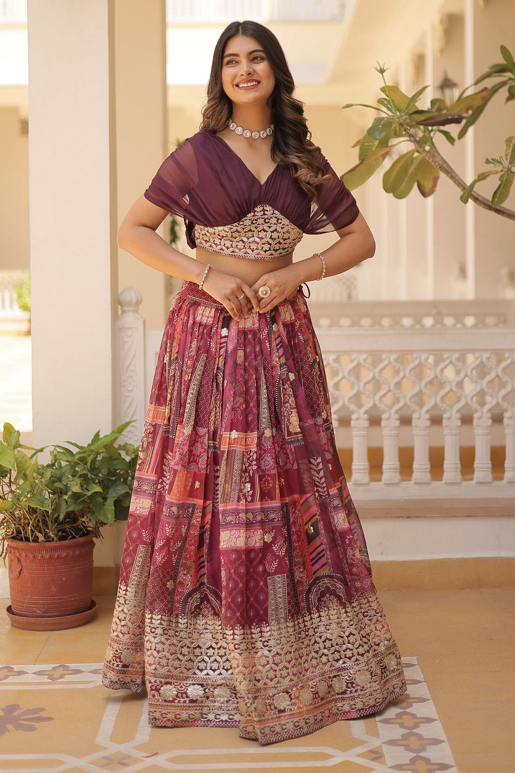 Vedant Vastram Digital Printed With Foil Embroidery Work Russian Silk Lehenga Choli With Blouse - Wine | Grocsy