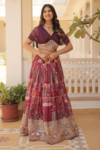 Vedant Vastram Digital Printed With Foil Embroidery Work Russian Silk Lehenga Choli With Blouse - Wine | Grocsy