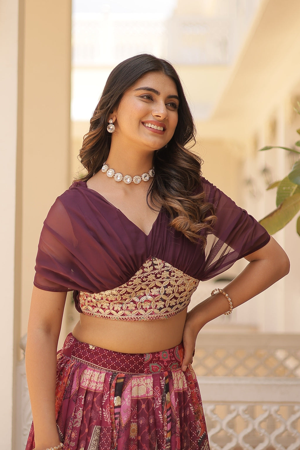 Vedant Vastram Digital Printed With Foil Embroidery Work Russian Silk Lehenga Choli With Blouse - Wine | Grocsy