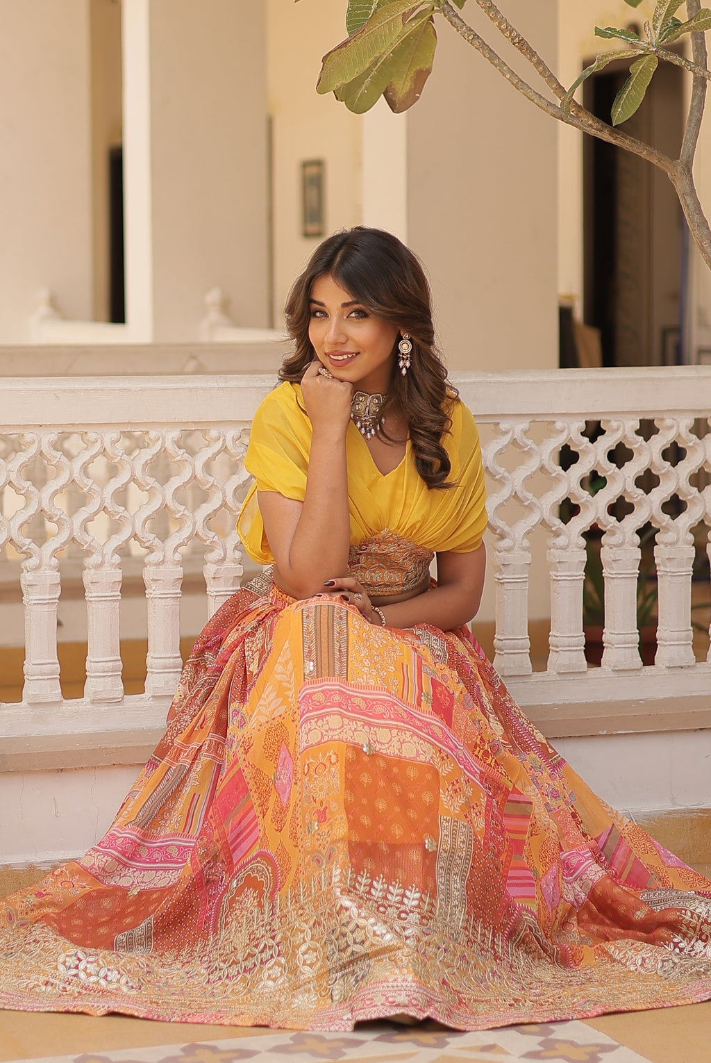 Vedant Vastram Digital Printed With Foil Embroidery Work Russian Silk Lehenga Choli With Blouse - Yellow | Grocsy