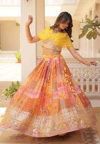 Vedant Vastram Digital Printed With Foil Embroidery Work Russian Silk Lehenga Choli With Blouse - Yellow | Grocsy