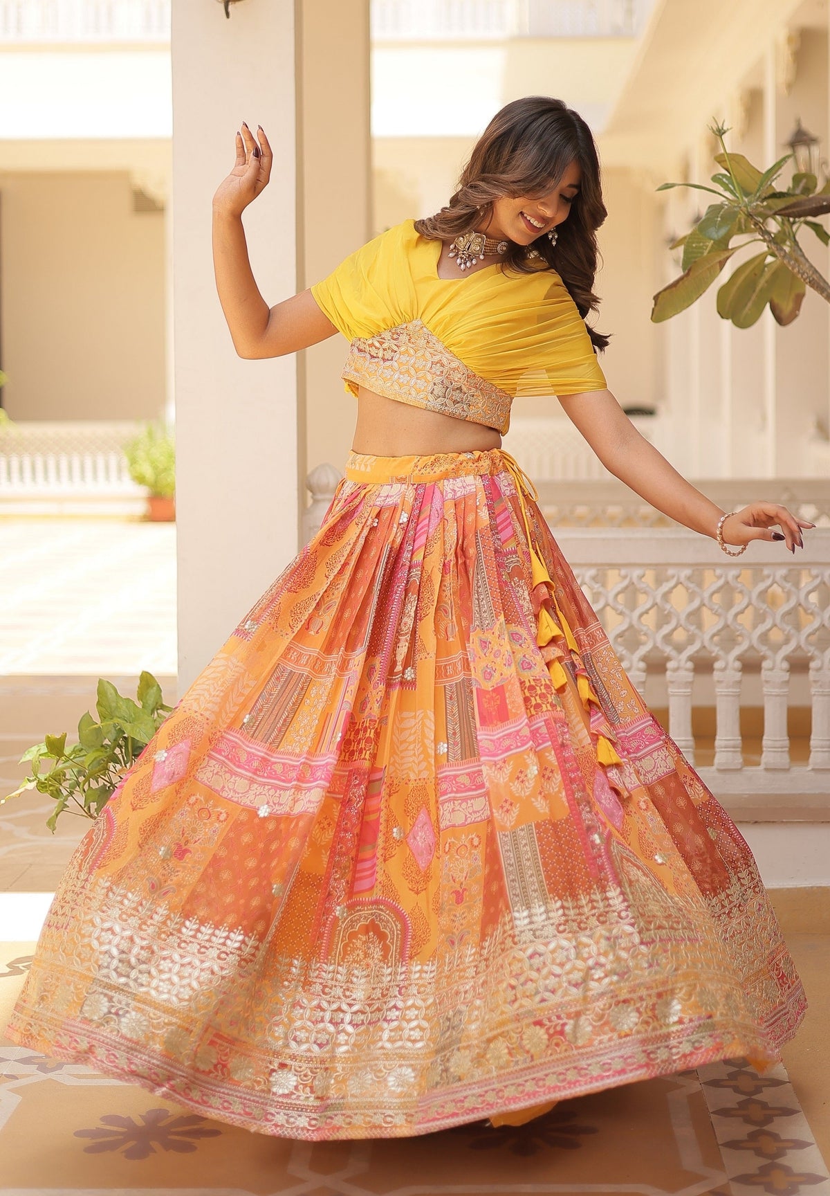 Vedant Vastram Digital Printed With Foil Embroidery Work Russian Silk Lehenga Choli With Blouse - Yellow | Grocsy