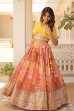 Vedant Vastram Digital Printed With Foil Embroidery Work Russian Silk Lehenga Choli With Blouse - Yellow | Grocsy