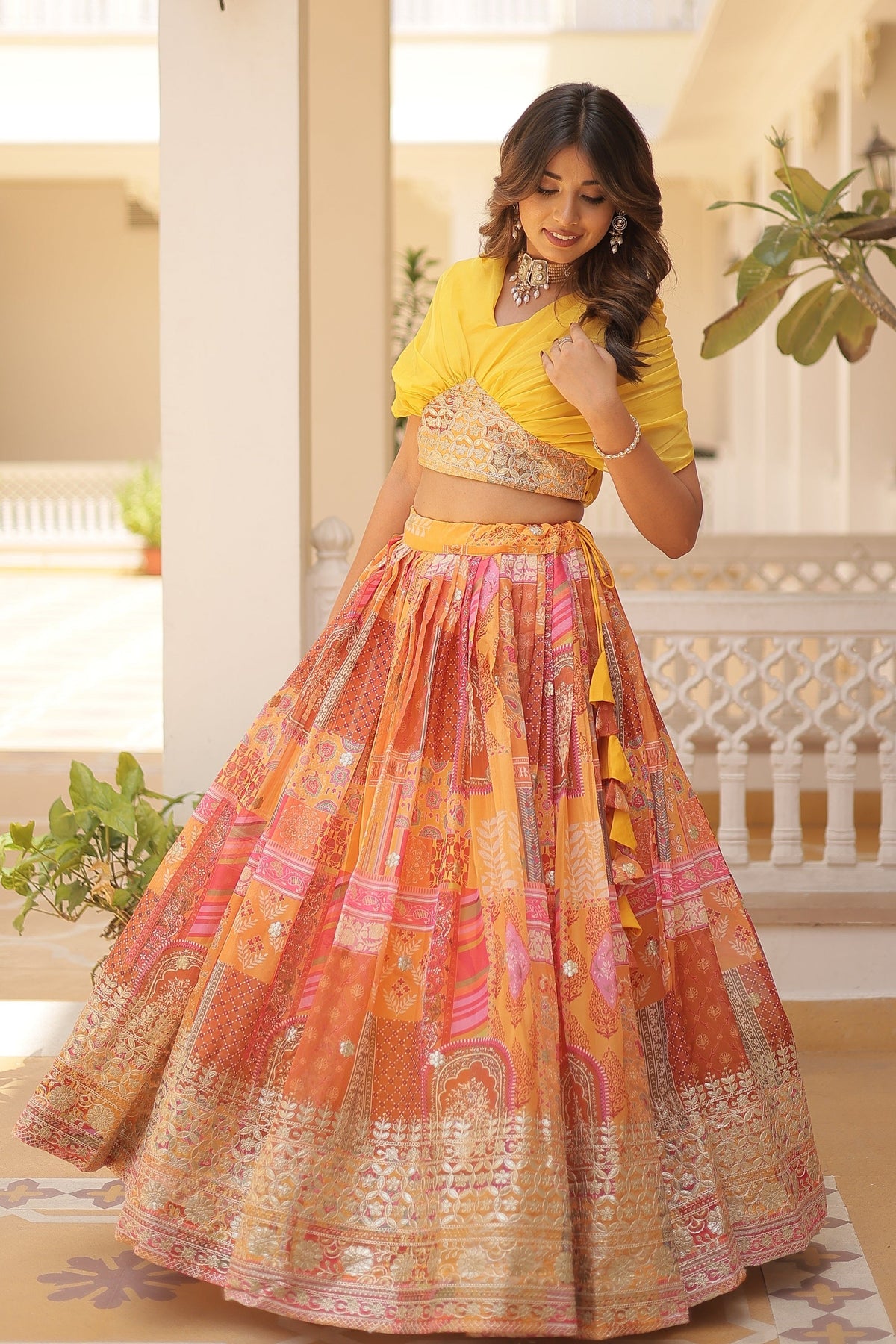 Vedant Vastram Digital Printed With Foil Embroidery Work Russian Silk Lehenga Choli With Blouse - Yellow | Grocsy