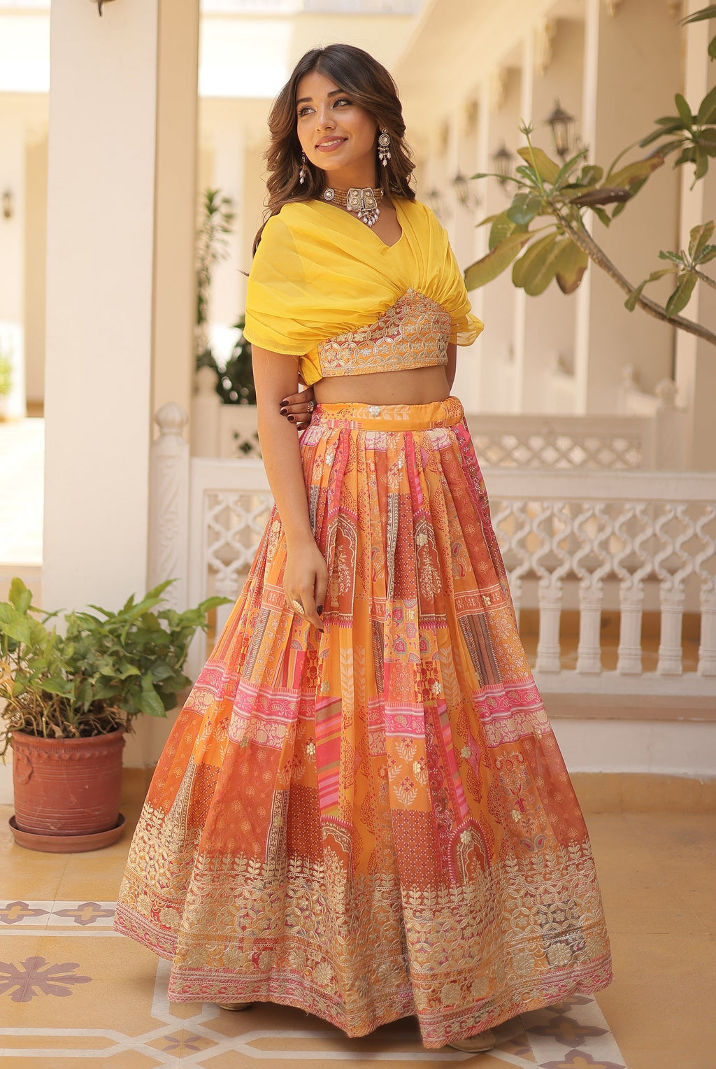 Vedant Vastram Digital Printed With Foil Embroidery Work Russian Silk Lehenga Choli With Blouse - Yellow | Grocsy