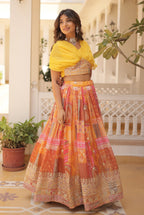 Vedant Vastram Digital Printed With Foil Embroidery Work Russian Silk Lehenga Choli With Blouse - Yellow | Grocsy