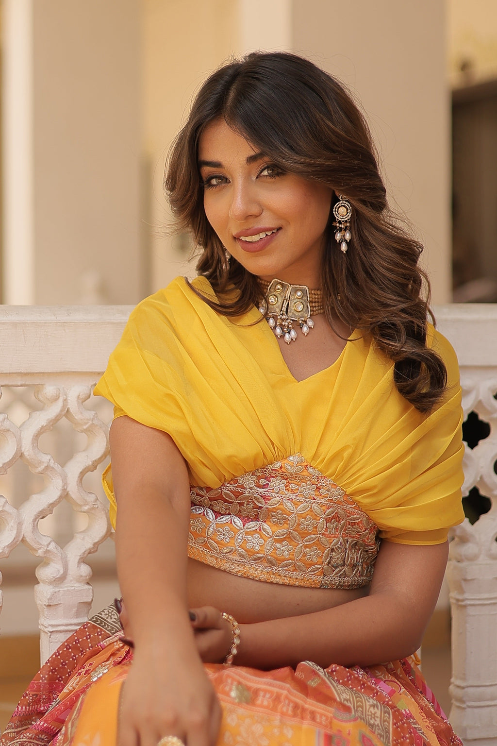 Vedant Vastram Digital Printed With Foil Embroidery Work Russian Silk Lehenga Choli With Blouse - Yellow | Grocsy
