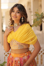 Vedant Vastram Digital Printed With Foil Embroidery Work Russian Silk Lehenga Choli With Blouse - Yellow | Grocsy