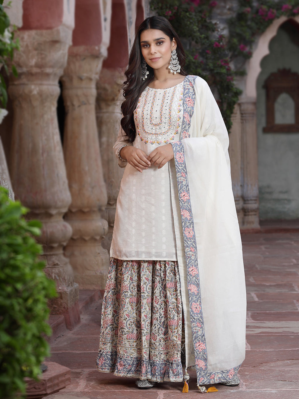 Juniper Women`s White Cotton Embroidered Straight Kurta Sharara Dupatta Set | Grocsy