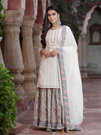 Juniper Women`s White Cotton Embroidered Straight Kurta Sharara Dupatta Set | Grocsy