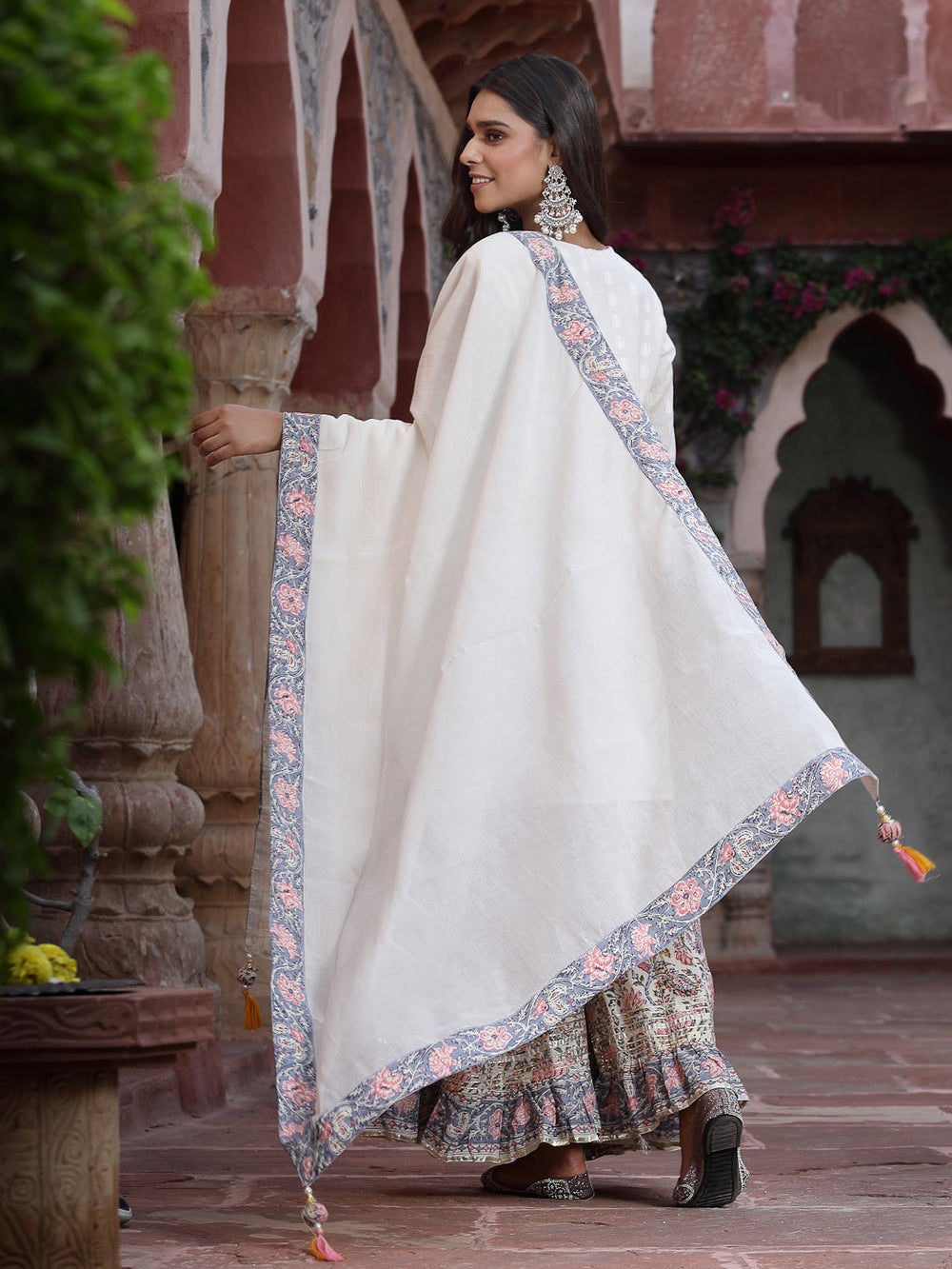 Juniper Women`s White Cotton Embroidered Straight Kurta Sharara Dupatta Set | Grocsy