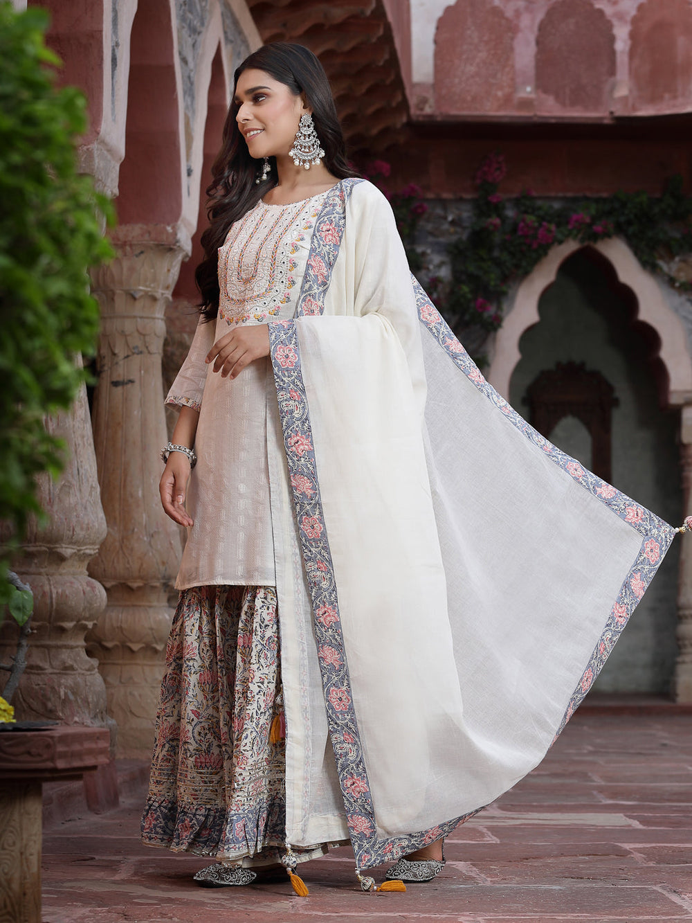 Juniper Women`s White Cotton Embroidered Straight Kurta Sharara Dupatta Set | Grocsy