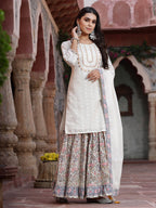 Juniper Women`s White Cotton Embroidered Straight Kurta Sharara Dupatta Set | Grocsy