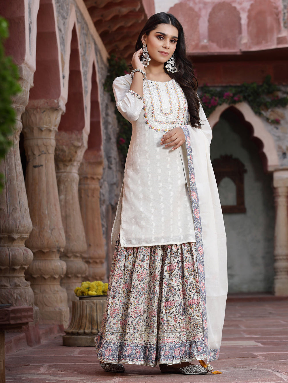 Juniper Women`s White Cotton Embroidered Straight Kurta Sharara Dupatta Set | Grocsy
