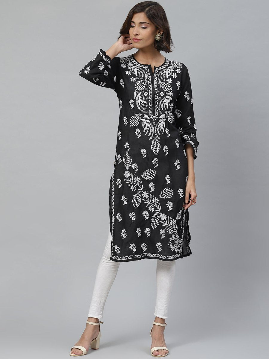 ADA Women Black & White Chikankari Embroidered Straight Sustainable Handloom Kurta | Grocsy
