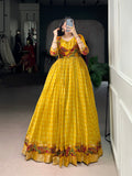 Lorenvalley Fashion Mustard Viscose Chanderi Printed With Zari Weaving Work Gown with Koti | Grocsy