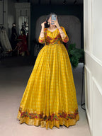 Lorenvalley Fashion Mustard Viscose Chanderi Printed With Zari Weaving Work Gown with Koti | Grocsy
